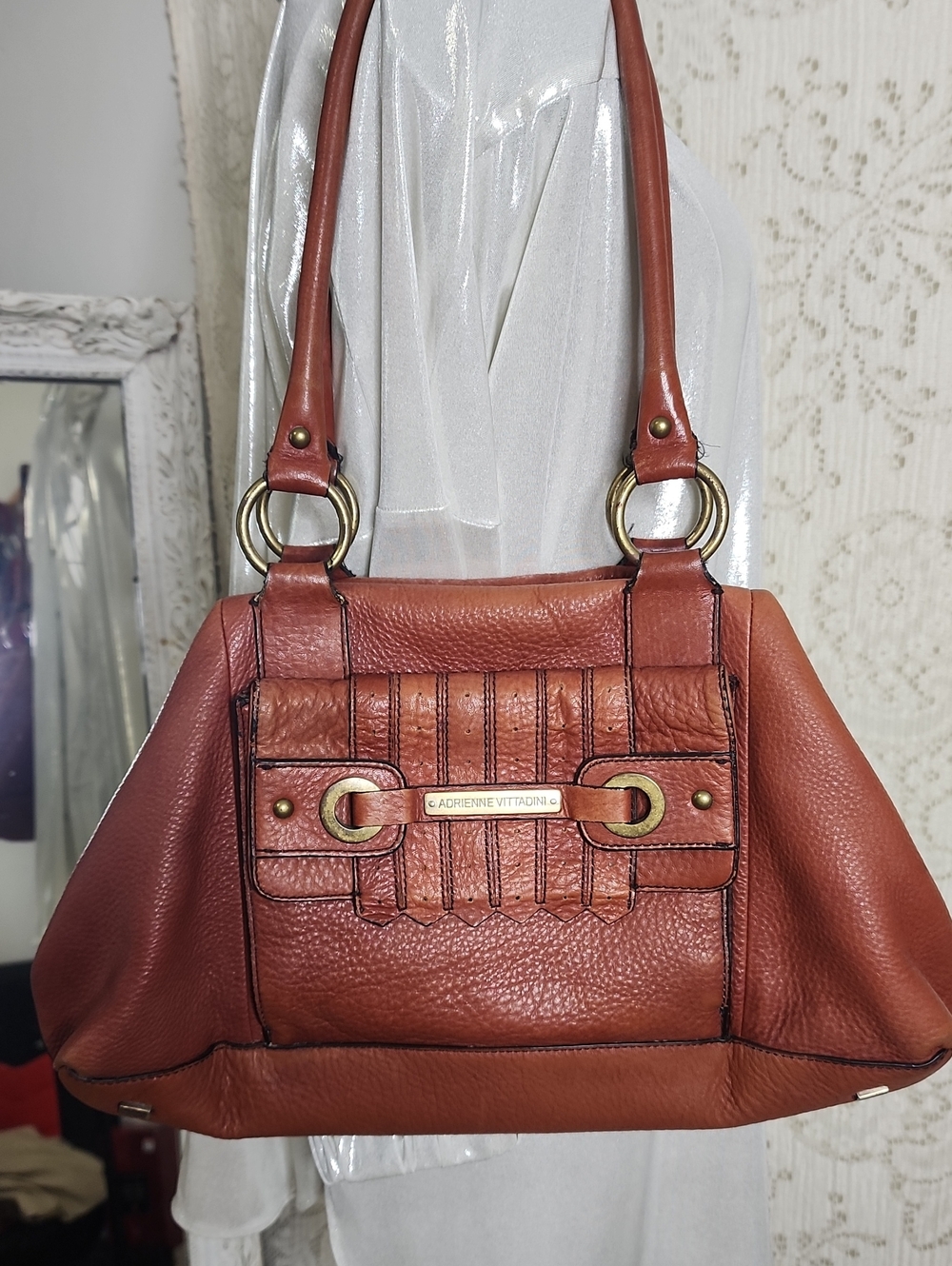 Adrienne Vittadini Cognac Brown Leather Shoulder Bag with Brass Accents